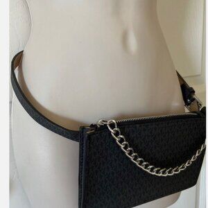 NWT Michael Kors MK Belt Wallet Fanny Pack Black Gray Faux Leather Size M